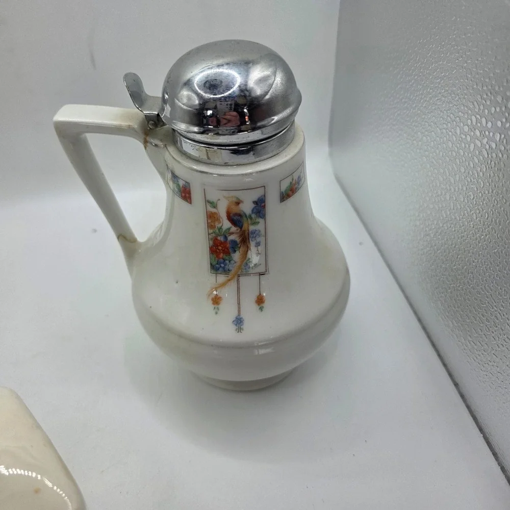 Vintage Ceramic Spice Jar Set Nutmeg Allspice Pepper & Bird Syrup Pitcher 4pc